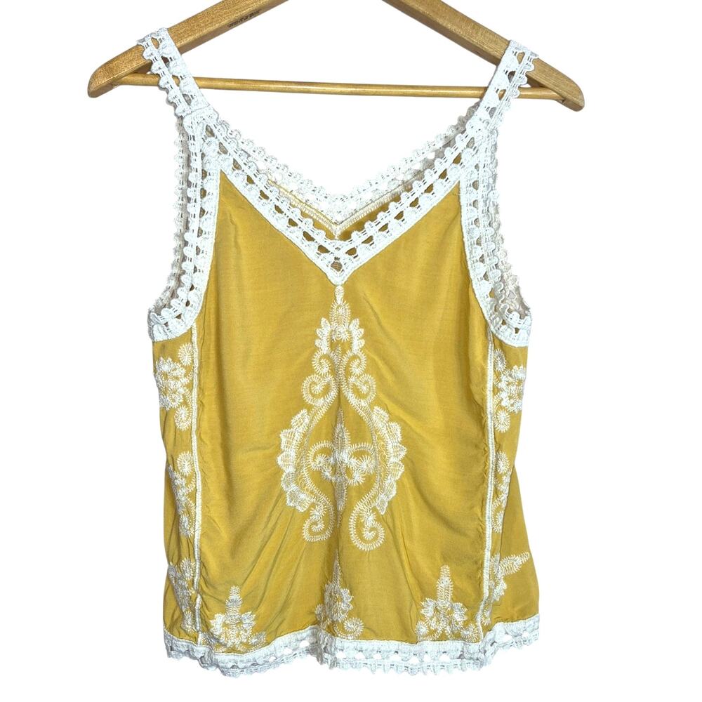 Vintage Y2K Woman's Embroidered Tank Top Crocheted Trim Mustard Flowy BOHO Med